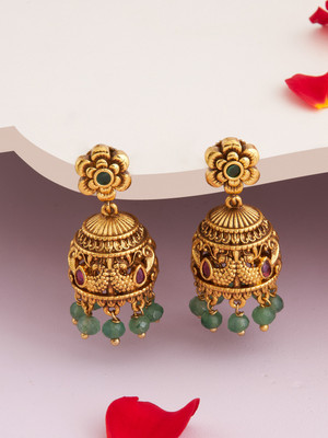 Kushal's Fashion Jewellery Ruby-Green Gold-Plated Ethnic Antique Jhumki Zircon Copper Jhumki Earring