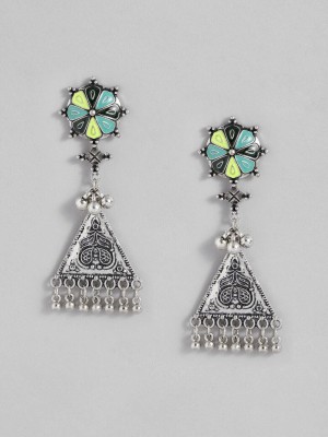 Sangria Silver-Toned & Green Geometric Enamelled Drop Earrings Beads Alloy Drops & Danglers