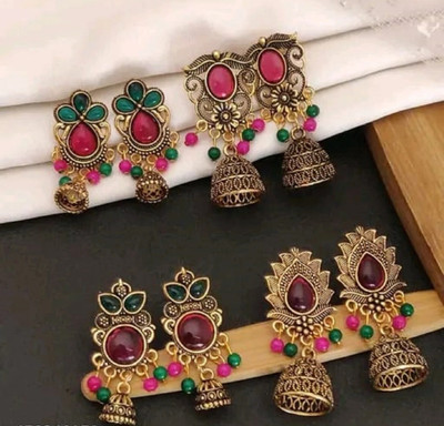Vigilantee Jewels Combo Of 4 Jhumki Different Shaped Gold-Plated Beaded Antique Jhumkas Beads, Pearl, Cubic Zirconia, Diamond Brass Jhumki Earring, Drops & Danglers, Chandbali Earring