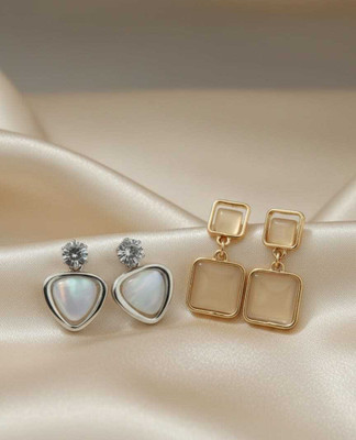 MD CREATIONS HUB Modern Geometric Drop Earrings Combo (Set of 2) |Opal & Square Cat Eye Dangles Cubic Zirconia Alloy, Brass Stud Earring