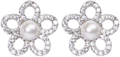 uncle jewels Pearl-Accented Floral Earrings with Premium Diamonds Diamond, Pearl Sterling Silver Stud Earring