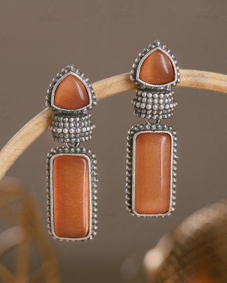 ModeandMinimal Antique Silver-Plated Orange Stone Long Drop Earring Brass Drops & Danglers