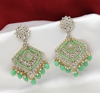 Orbis Long and Big Earrings -Light Green Beads Alloy Chandbali Earring