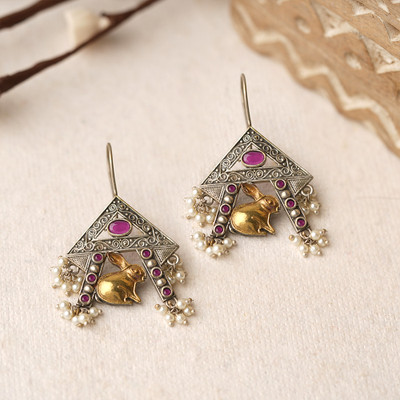 Sanseeta Anugunj- Silver Brass oxidised dangler earrings Zircon Brass Drops & Danglers