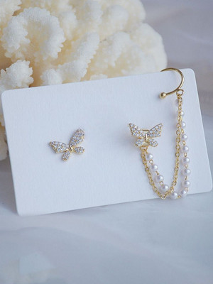 Dressberry Korean Single Ear Cuff With Butterfly Stud Earrings Pearl Alloy Stud Earring