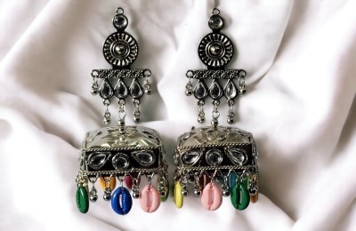 OKU Oxidized 3 Layered Beaded Chandbali with pearl (Blue) Alloy Hoop Earring, Plug Earring, Jhumki Earring