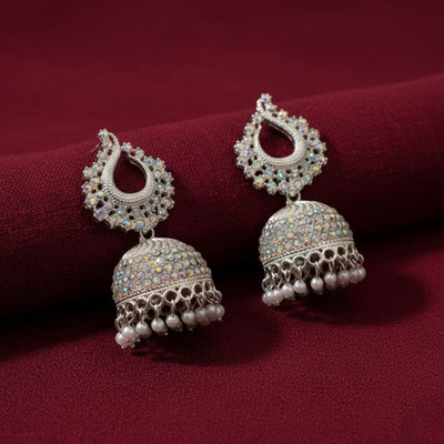 Crest Collection Women's Silver-Plated Earrings with Pearl Drops – Wedding & Party Wear , Cubic Zirconia Alloy Jhumki Earring