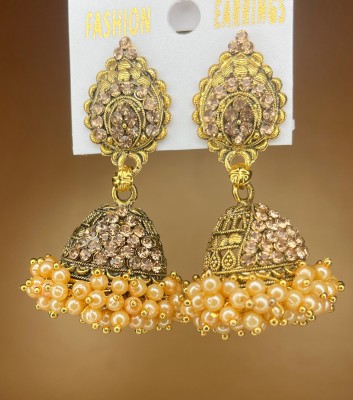 KMI Karhari Media Industry Grand Designer Gold Plated White CZ American Diamond Jhumka Earring Set, White Beads, Diamond Bronze, Gold Jhumki Earring, Earring Set, Tunnel Earring