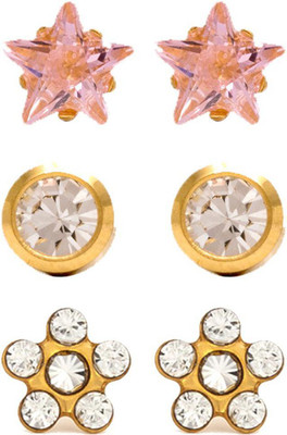 STUDEX 3 Pair Combo 24K Pure Gold Plated Cubic zirconia, Bezel, Daisy Style Metal Stud Earring