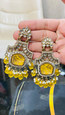 SHUCHI Yellow Danglers Earrings Square Cubic Zirconia Brass Drops & Danglers