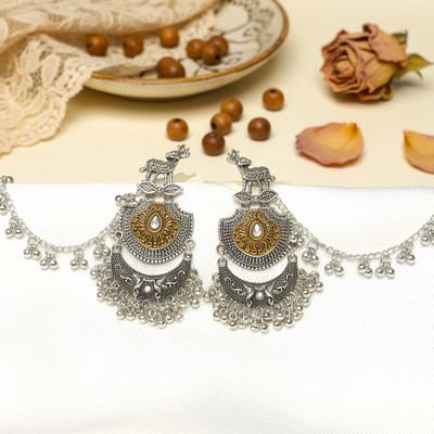 Rumee Dual-Tone Long Jhumka Earrings with Bahubali Chain | Bahubali Earring Set | Alloy Jhumki Earring