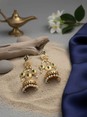 Fashion Fusion Gold Plated Green Stone Pearl Jhumka Earrings Brass Jhumki Earring