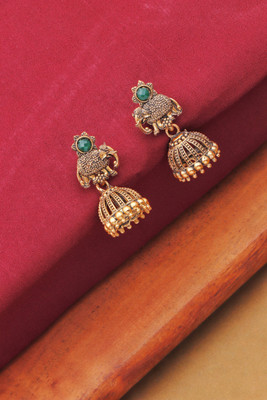 BUMBERELL Antique Green Stone Peacock Design Traditional Jhumka Earrings for Women & Girls Ruby Alloy Jhumki Earring