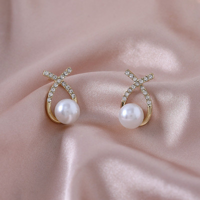 Vembley Korean Studded Cross Big White Pearl Drop Earrings For Women/Girls Cubic Zirconia Alloy Stud Earring