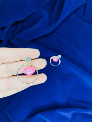 Hengar Traders Pink_eyes-3 Cubic Zirconia Brass Earring Set