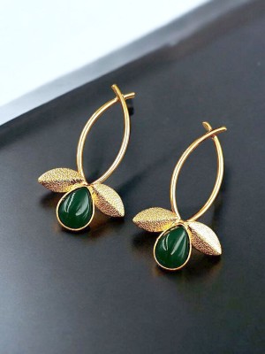 alysa Green Stone Matte Gold Brass Drops & Danglers