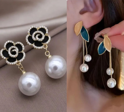 Saugaat Craft Western Wear Stylish Trending Combo Pack Of 2 Korean Earrings For Women Girls Cubic Zirconia, Crystal, Pearl Alloy Drops & Danglers, Rhinestone Studs, Stud Earring, Earring Set