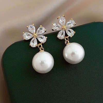 JAY SHREE MAHAKAL Flower Pearl Dangle Earring Crystal Alloy Stud Earring