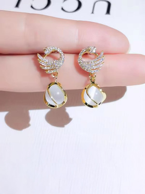 Miraclewood Trendy Korean Glorious Pearl Gold Plated style Peacock and white moti Earring Cubic Zirconia, Diamond, Pearl, Opal Alloy Drops & Danglers, Hoop Earring, Stud Earring