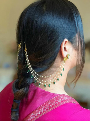 vjj Green Beads & White Pearls Ear Chains, Kaan Chains, Hair Accessory (Pair) Alloy Earring Set