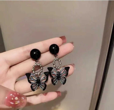 LITTLE JEWELS Korean Style Stainless Steel Silver Plated Butterfly Drop Stud Earring for women Alloy Stud Earring, Drops & Danglers