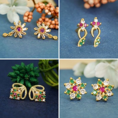 RAMDEV ART FASHION JEWELLERY Sparkling 22K Gold Plated Earring Studs Combo 4 Different Pairs Diamond Brass Earring Set