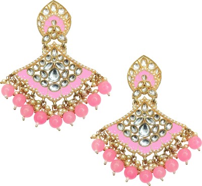 gudlukz Ethnic Gold Plated Pink Meenakari Kundan Earring with Pearl for Women and Girls Beads Brass Chandbali Earring, Drops & Danglers, Earring Set