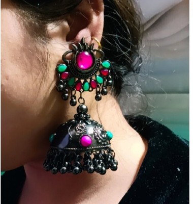 HELLAFASHION Multi Colored Stones Black Metal Jhumka Earrings for womens and girls Beads German Silver, Alloy Earring Set