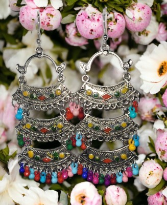 OKU Oxidized 3 Layered Beaded Chandbali Earrings for girls with pearl (Orange) Alloy Hoop Earring, Plug Earring, Jhumki Earring