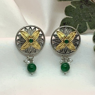 Neeara Fashion Oxidised Big Studs Earrings for Women (Green) | Leaf Design Alloy Stud Earring