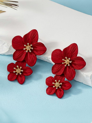 AKISON JEWELS Maroon Flower Earrings For Women Floral Earrings For Women long Korean Earrings Alloy Earring Set, Drops & Danglers, Tassel Earring
