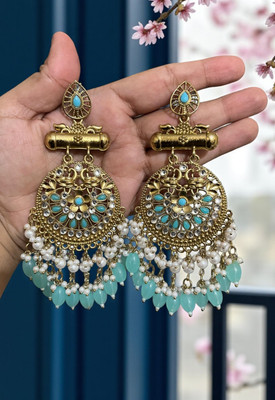 SAZOYA sky blue Traditional Polki Kundan Pearl Drop Chandbali Earrings Alloy Chandbali Earring