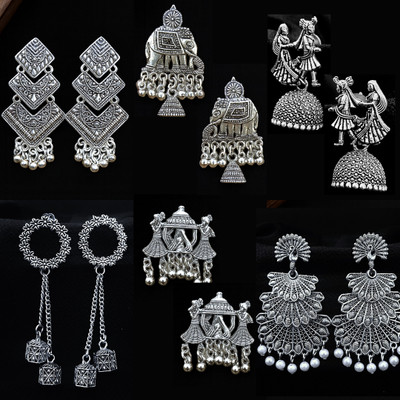 adhira creation Pack of 6 Traditional Oxidised Silver Earrings Combo for Women & Girls Alloy Earring Set, Jhumki Earring