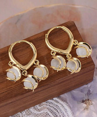 JIYANSH Korean Opal Stone Ball Luxury Earrings White Zircon, Cubic Zirconia Stainless Steel, Brass Hoop Earring