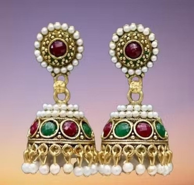 HariShree Aarav Gold Plated Ethnic Jhumka Earrings with Stones Women & Girls Alloy Jhumki Earring
