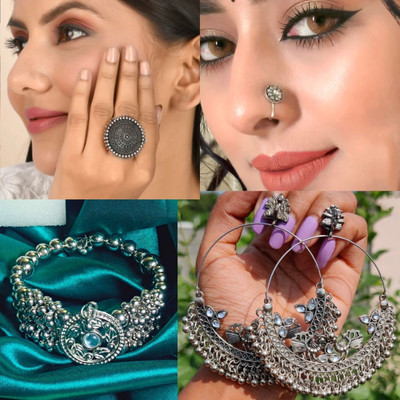 Ashir Oxidised Earrings and ring brecelet for women and girls with nosepin combo Alloy Jhumki Earring