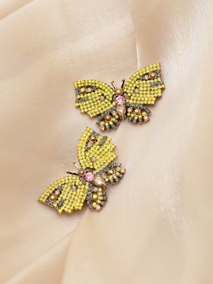 Rubans Voguish Rubans Voguish Yellow Beaded Handcrafted Butterfly Motif Statement Earrings Brass Stud Earring