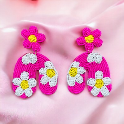 Fallal Flower Beaded Earring Pink and white For Women and Girl Beads, Pearl Fabric, Glass, Mother of Pearl Tassel Earring