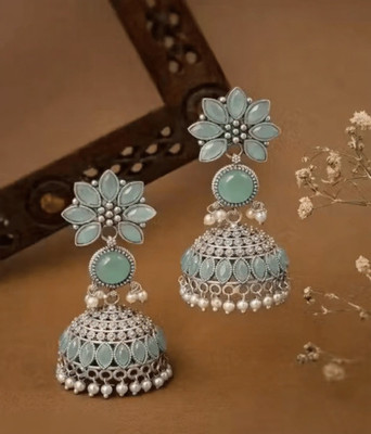 Devik Traders Floral Oxidized Silver-Toned Sky Blue Stone Jhumka Earrings with Pearls Beads Alloy Earring Set