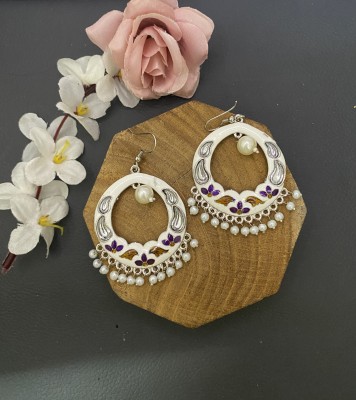 MK Jewellers White Meenakari Chandbali Earring Zircon Brass Hoop Earring, Earring Set