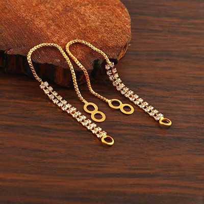 NAVMAV Gold Plated Gemstones Kanoti Kan Chain Crystal Ear to Ear Thread Single Line Alloy Cuff Earring