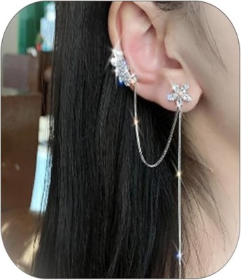 Vembley Korean Silver-plated Floral Studded Ear Cuff With Threader 2Pcs/Set Alloy Cuff Earring