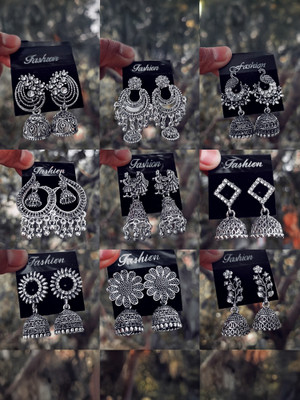 JV CREATION Silver Earrings For Girl ( Pack Of 9 ) Latest Unique Designer Jhumki Cubic Zirconia Alloy Chandbali Earring, Drops & Danglers, Jhumki Earring, Stud Earring, Earring Set