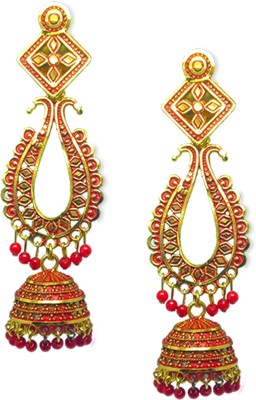 MADAM MAYA MADAM MAYA Traditional Indian Jhumka Earrings with Kundan Work, Red Beads Pearl Steel, Stone Jhumki Earring