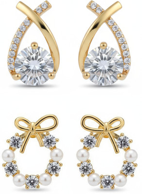 BEAUTYNX Combo Of 2 Gold-Plated Crystal & Pearl Bow Design Earrings Cubic Zirconia Alloy Stud Earring