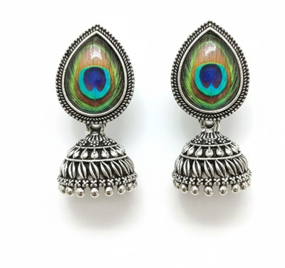 YOGITACREATIONS Oxidized Peacock Feather Design Jhumka Earrings- Earrings For Ethnic Wear Brass Jhumki Earring