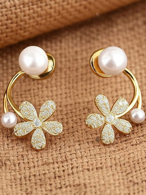 Dressberry Korean Style Pearl Stone Decor Flower Stud Earrings Cubic Zirconia Alloy Stud Earring