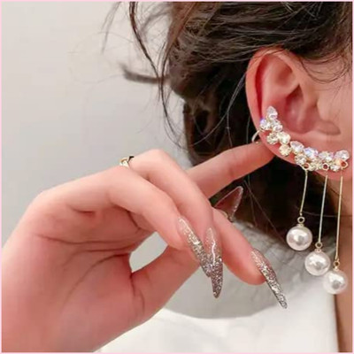 JDENTERPRISES Korean Studded Ear Cuff Pearl Tassel Drop Earrings For Women/Girls Cubic Zirconia Alloy Drops & Danglers