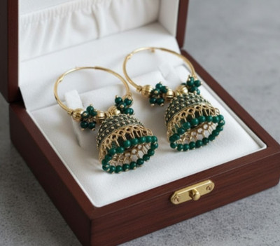 pas Unique green golden Beaded Jhumka Earrings for girls & women for party wear Beads Alloy Rhinestone Studs, Hoop Earring, Earring Set