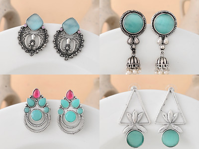 DASTOOR Combo of 4 Oxidised Silver Elegant Blue & Pink Designer Jhumka, Stud & Drop Beads Alloy Stud Earring, Jhumki Earring